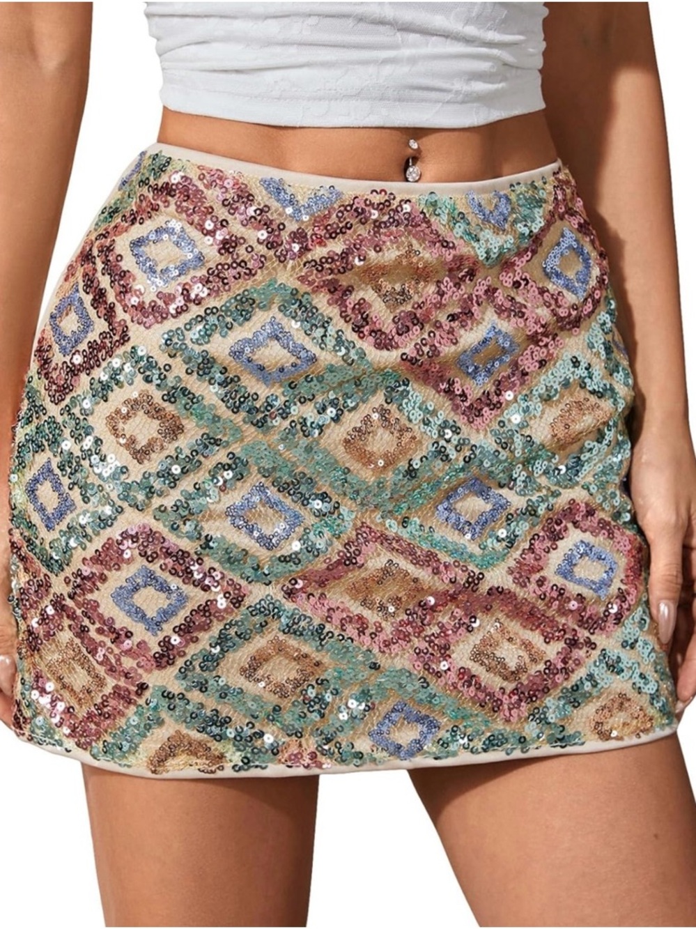 Sequin Embroidered Mini Skirt - Pink & Light Blue
